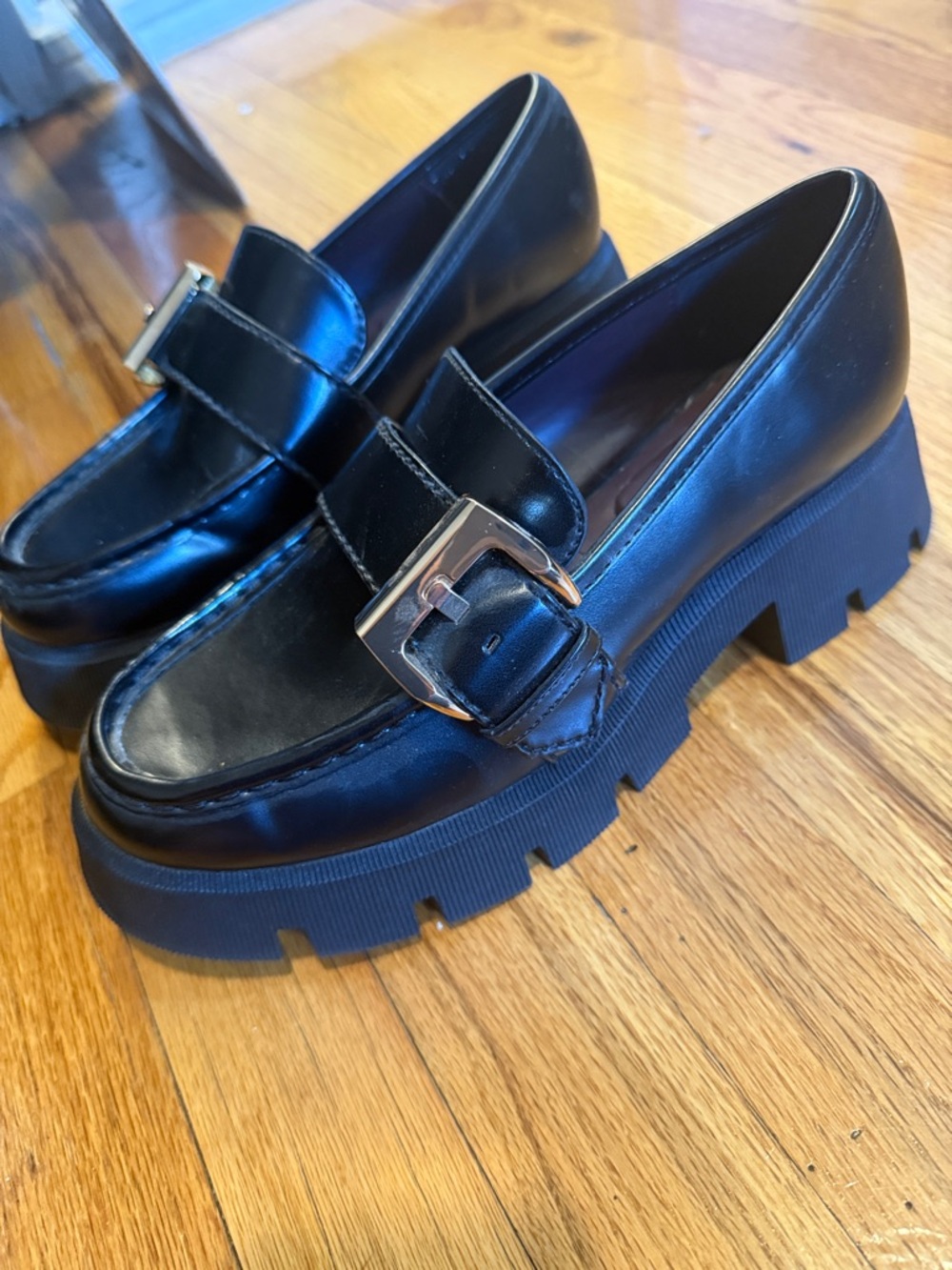 Zara Black Lug Sole Loafers with Buckle Detail